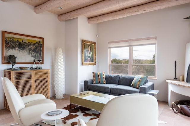 living room with wooden ceiling, light tile patterned flooring, and beamed ceiling