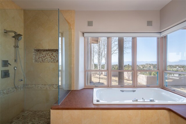 bathroom featuring a healthy amount of sunlight, tiled shower, and a bath