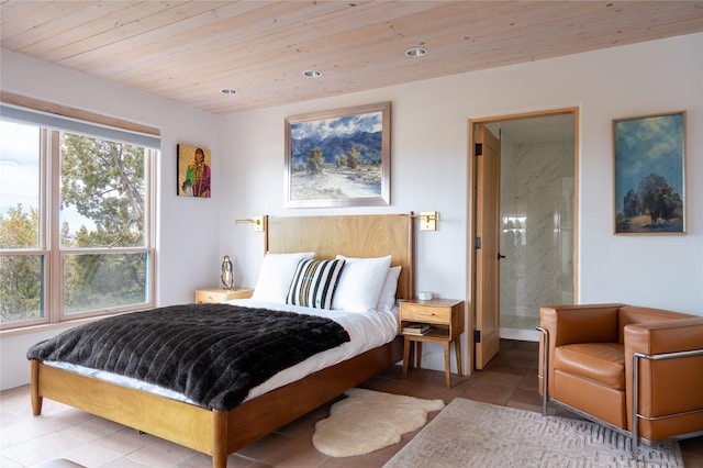 tiled bedroom featuring wooden ceiling, multiple windows, and recessed lighting