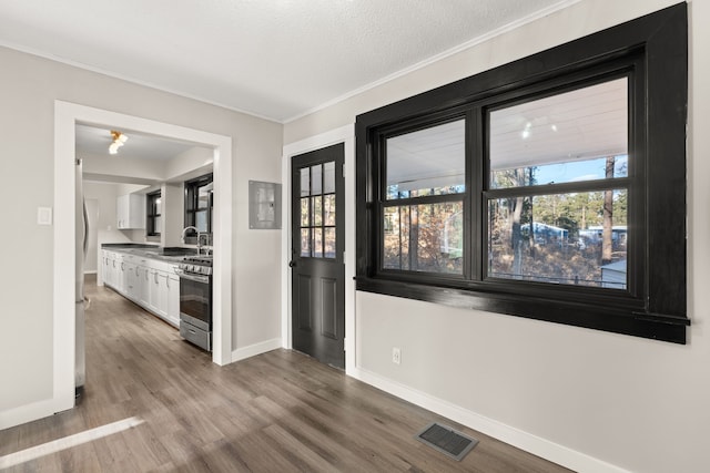 interior space featuring wood finished floors, a sink, visible vents, baseboards, and crown molding