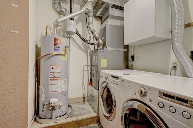 laundry room with laundry area, water heater, washer and dryer, and a textured wall