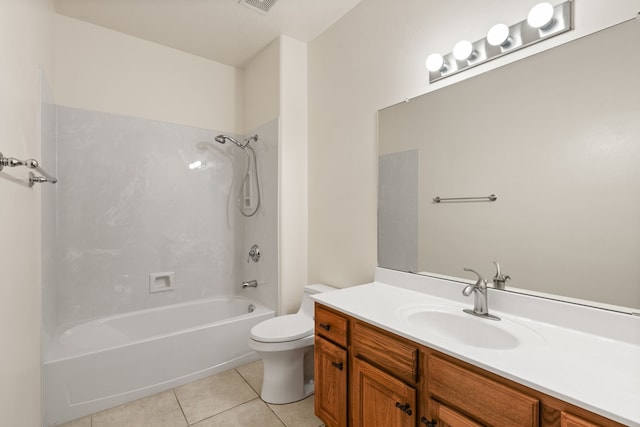 bathroom featuring visible vents, shower / bathing tub combination, toilet, vanity, and tile patterned flooring