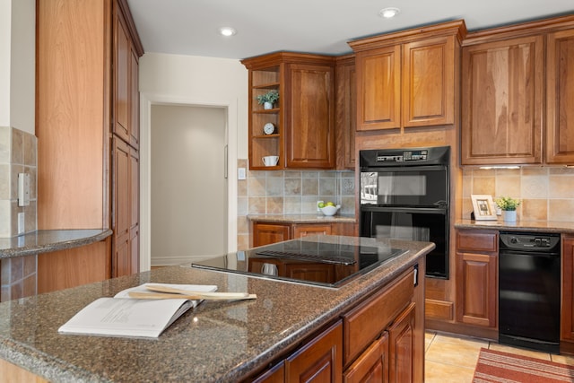 kitchen with open shelves, black appliances, brown cabinetry, and backsplash