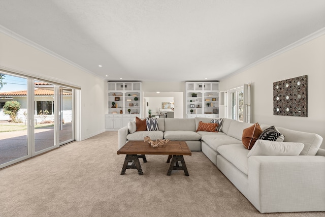 living area with built in features, recessed lighting, ornamental molding, light carpet, and baseboards