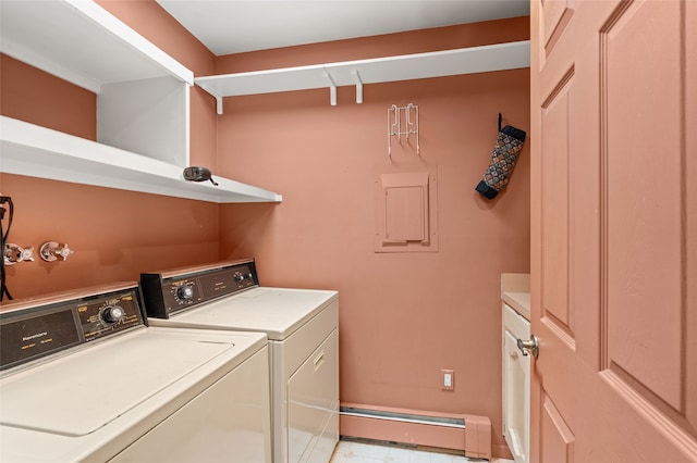 washroom with a baseboard heating unit and washer and dryer