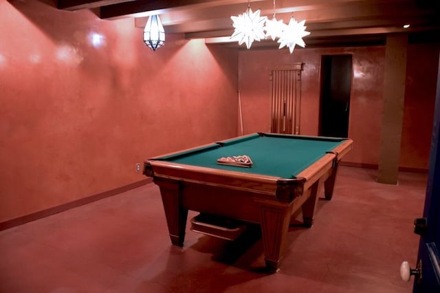 playroom with baseboards, beam ceiling, and pool table