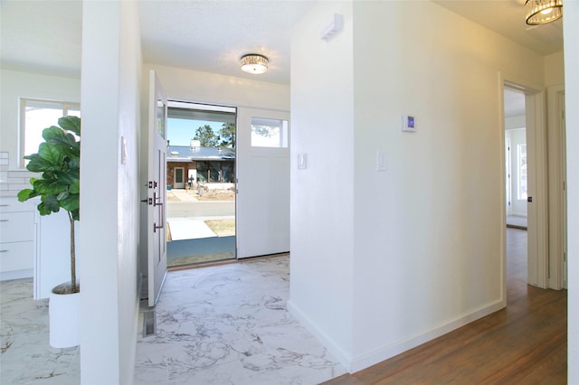 foyer featuring baseboards, plenty of natural light, and marble finish floor