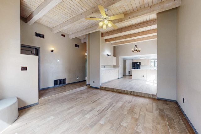 unfurnished living room with light wood-type flooring, wooden ceiling, visible vents, and ceiling fan with notable chandelier