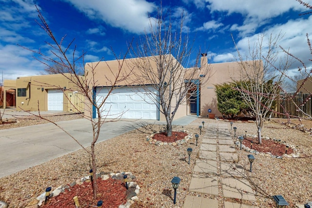 pueblo-style house featuring an attached garage, fence, driveway, stucco siding, and a chimney