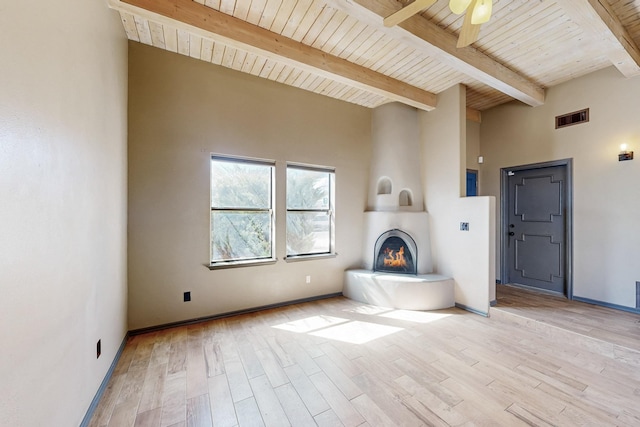 unfurnished living room featuring light wood-style flooring, a fireplace, visible vents, and ceiling fan