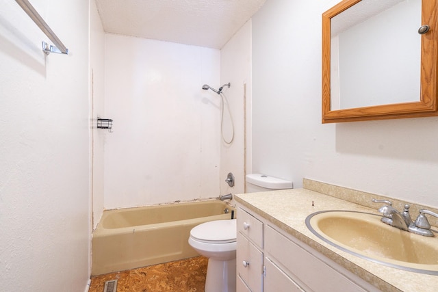 bathroom featuring visible vents, a textured ceiling, vanity, and toilet