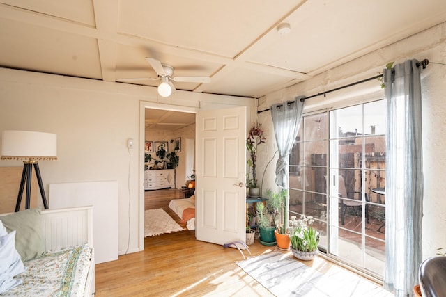 interior space featuring a ceiling fan, coffered ceiling, and wood finished floors