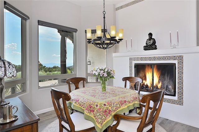 dining room featuring a notable chandelier, plenty of natural light, wood finished floors, and a tile fireplace