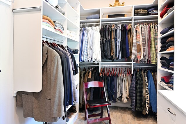 walk in closet with wood finished floors