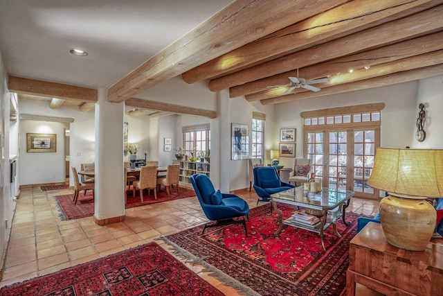 living room featuring light tile patterned floors, baseboards, recessed lighting, french doors, and beamed ceiling