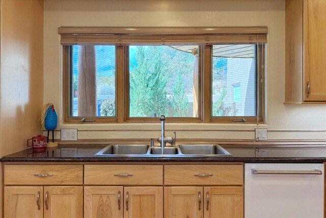 kitchen featuring dishwashing machine, dark stone countertops, and a sink