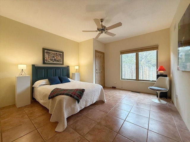 bedroom featuring light tile patterned flooring, visible vents, and ceiling fan