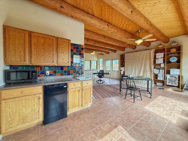 kitchen with ceiling fan, wooden ceiling, black dishwasher, and a sink