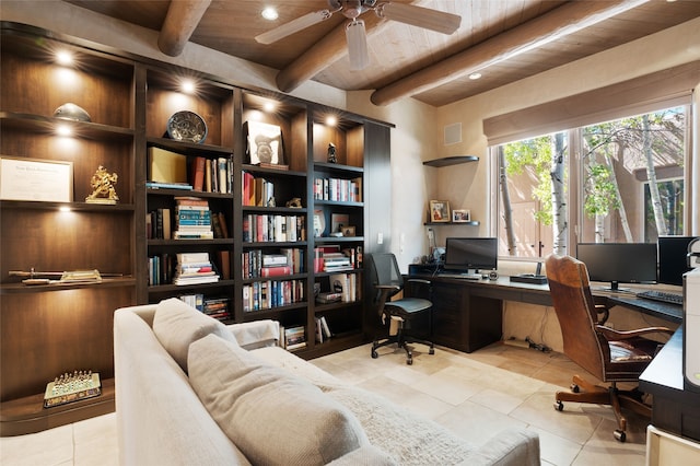 home office with tile patterned flooring, beamed ceiling, wood ceiling, and a ceiling fan