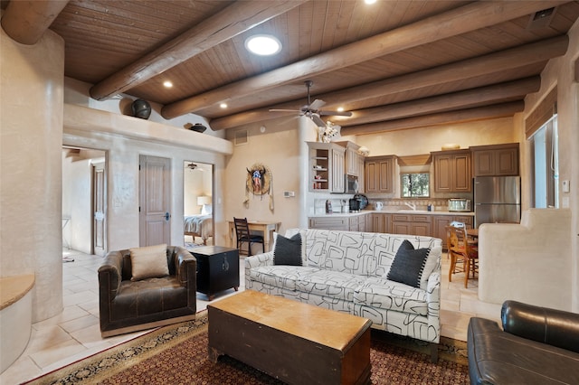 living room featuring beamed ceiling, visible vents, recessed lighting, wood ceiling, and ceiling fan