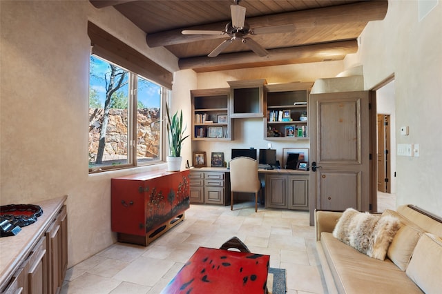 office space with beam ceiling, wooden ceiling, built in study area, and ceiling fan