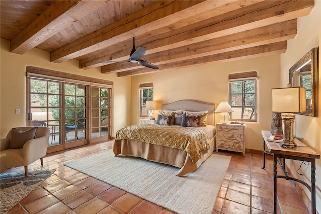 bedroom with beamed ceiling, access to outside, baseboards, wood ceiling, and ceiling fan