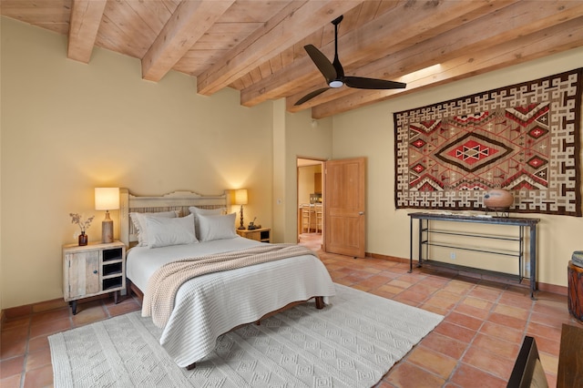 bedroom featuring baseboards, beam ceiling, wood ceiling, and tile patterned flooring