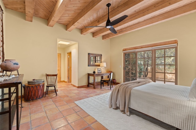 bedroom featuring light tile patterned floors, a ceiling fan, baseboards, wood ceiling, and beamed ceiling