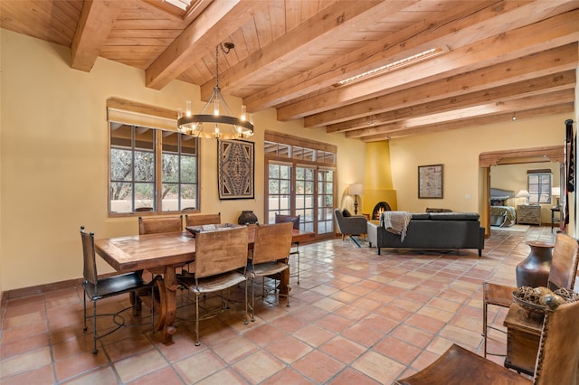 dining room with a wealth of natural light, a chandelier, wood ceiling, and beam ceiling