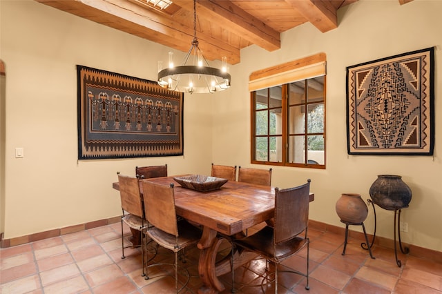 tiled dining space featuring beam ceiling, baseboards, wooden ceiling, and a chandelier