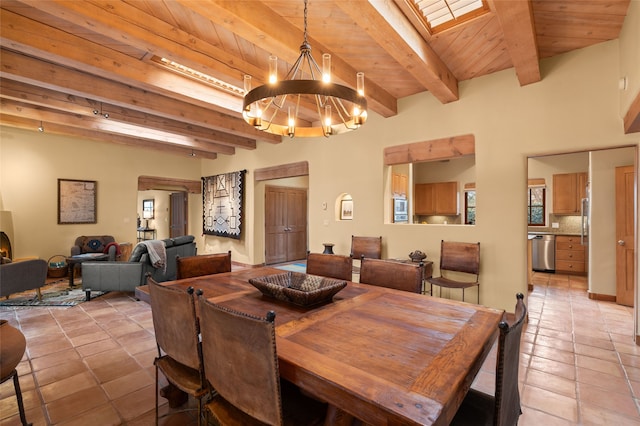 dining area featuring light tile patterned floors, beamed ceiling, a chandelier, and wooden ceiling