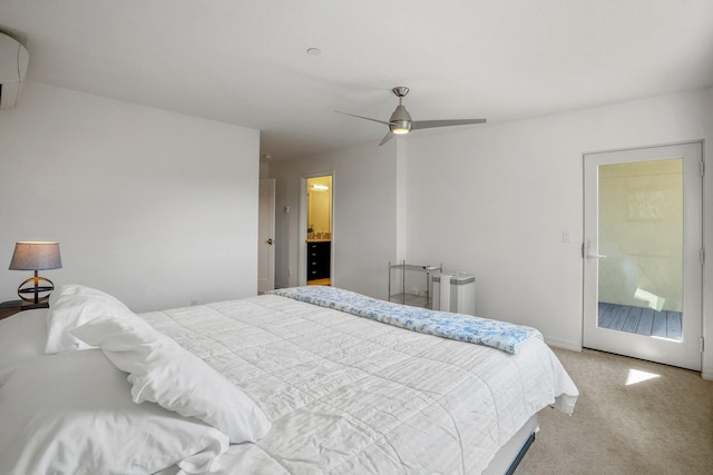 bedroom featuring carpet flooring, radiator, baseboards, and a ceiling fan