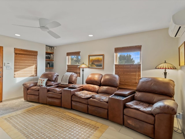 living area with an AC wall unit, light tile patterned floors, a ceiling fan, and recessed lighting