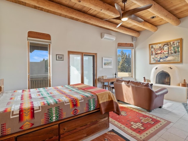 tiled bedroom with access to exterior, a wall unit AC, multiple windows, wooden ceiling, and a fireplace