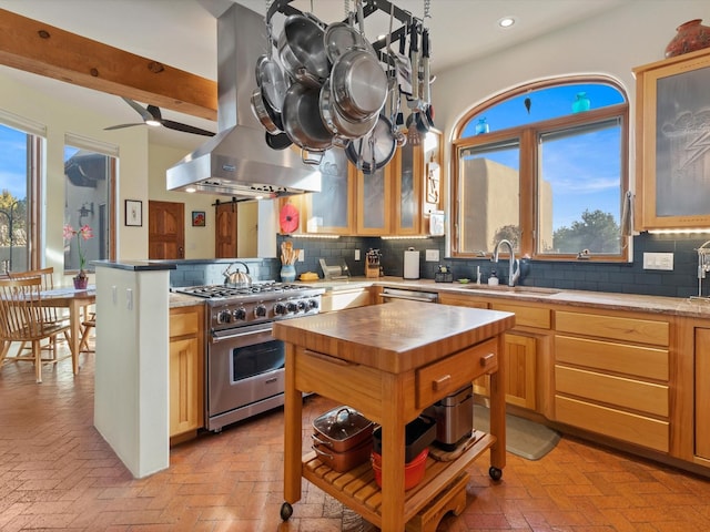 kitchen featuring range hood, wooden counters, a sink, stainless steel stove, and backsplash