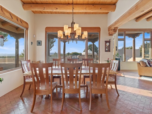 dining area with beam ceiling, plenty of natural light, wooden ceiling, and brick floor