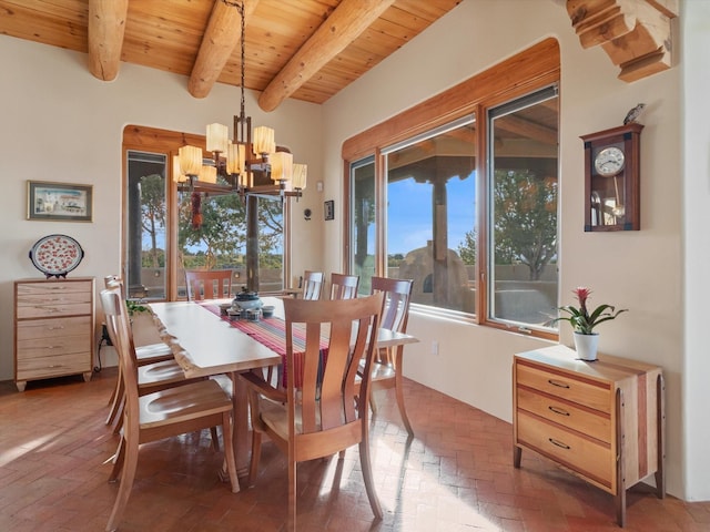 dining space featuring wooden ceiling, beamed ceiling, brick floor, and a chandelier