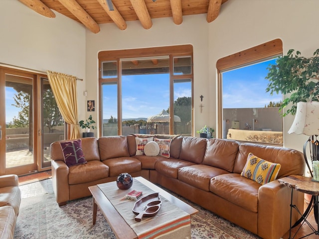 living area with wooden ceiling and beam ceiling