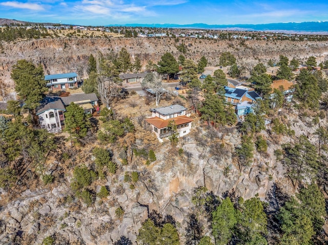 drone / aerial view with a mountain view and a view of trees