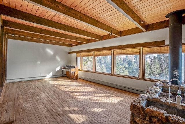 unfurnished living room with baseboards, beam ceiling, wooden ceiling, a wood stove, and wood-type flooring