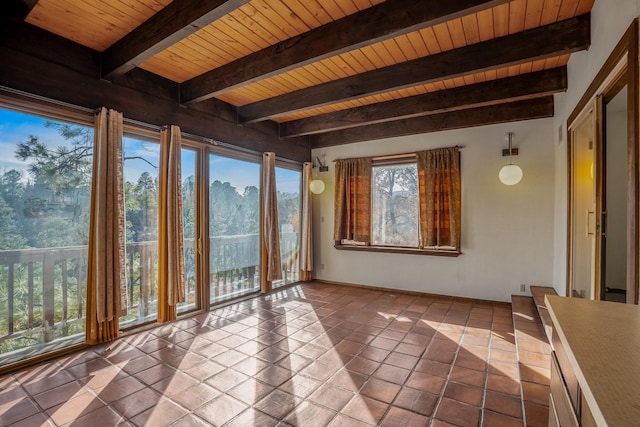 unfurnished sunroom with beam ceiling and wood ceiling