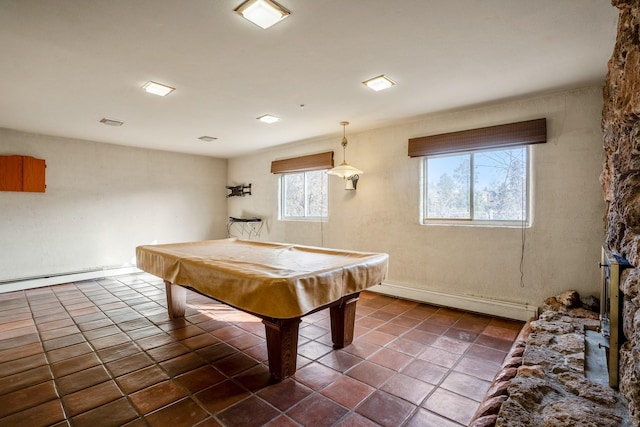 rec room featuring dark tile patterned floors, baseboard heating, pool table, and visible vents