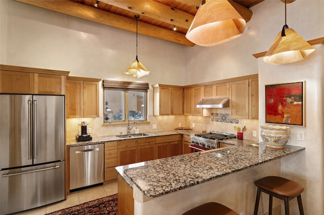 kitchen with a peninsula, a sink, under cabinet range hood, high quality appliances, and tasteful backsplash