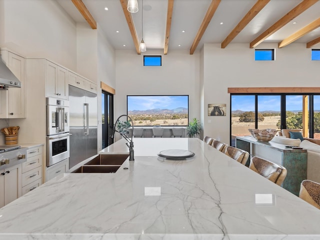 kitchen with a large island, light stone countertops, stainless steel appliances, and a sink