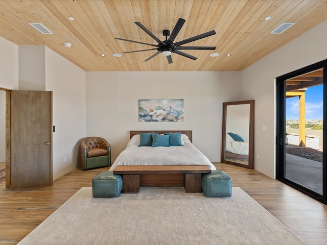 bedroom featuring visible vents, wood finished floors, wooden ceiling, and access to outside