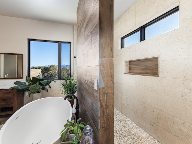 bathroom featuring vanity, a healthy amount of sunlight, a walk in shower, and a freestanding bath