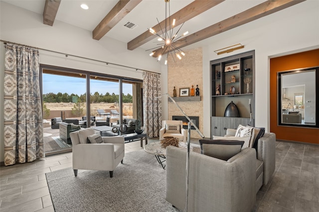 living room featuring visible vents, beamed ceiling, recessed lighting, a fireplace, and a notable chandelier