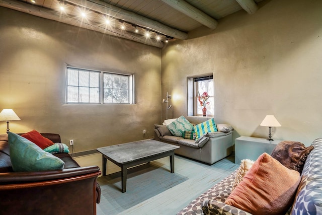 living area featuring beam ceiling, wood ceiling, wood finished floors, and rail lighting