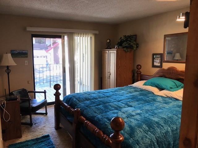 bedroom featuring access to outside, carpet flooring, and a textured ceiling