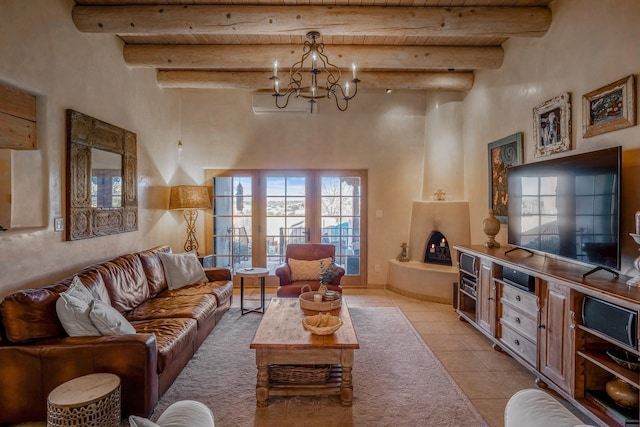 living area featuring light tile patterned floors, beamed ceiling, a fireplace, and wooden ceiling